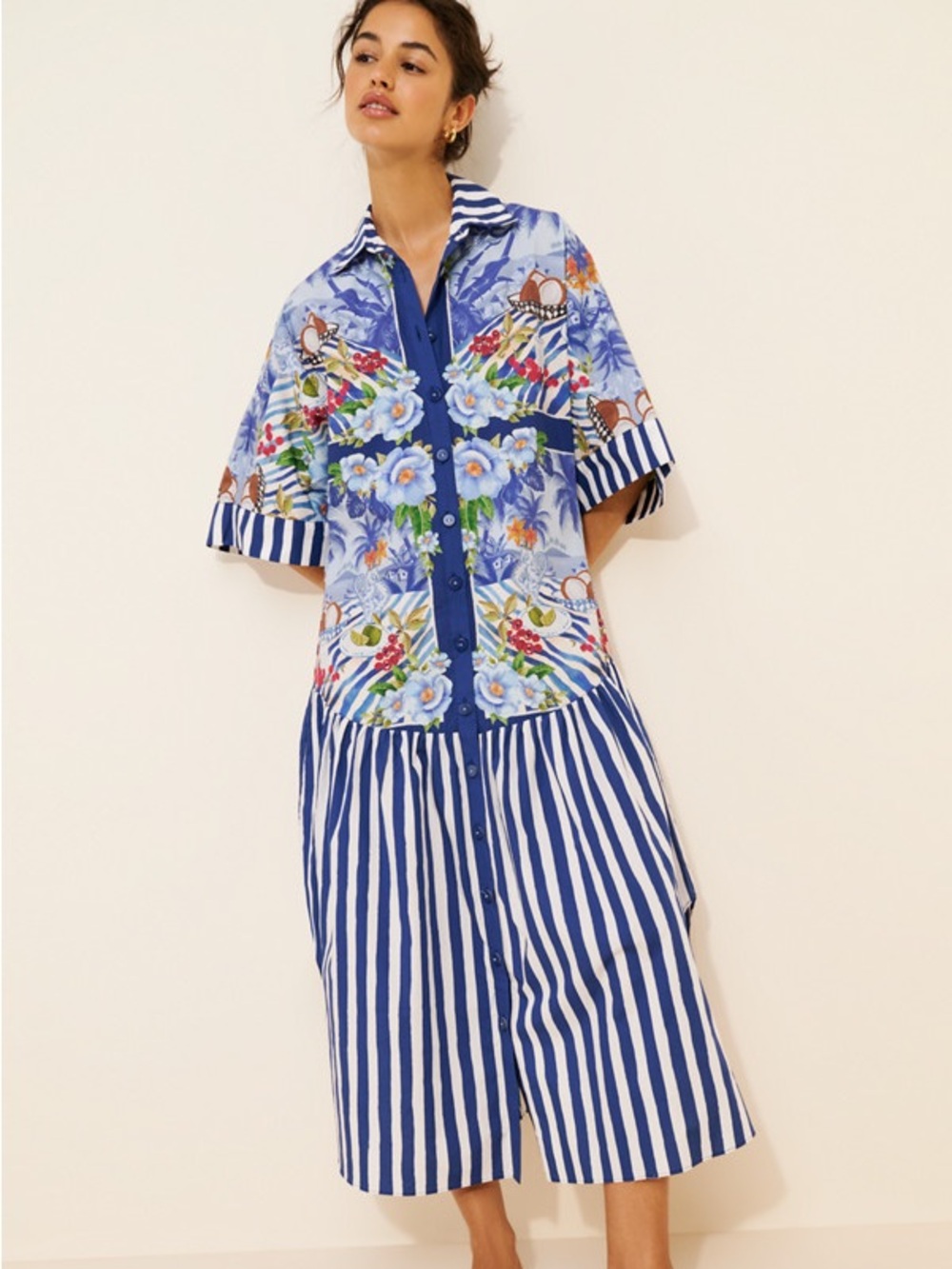 Farm Rio Blue Floral & Stripe Button-Front Midi Dress